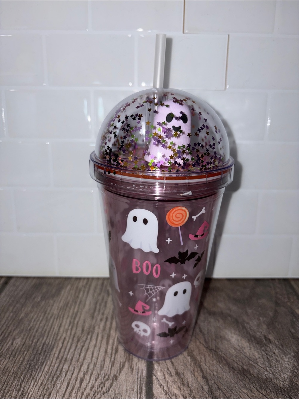 RARE Pink Halloween 3D Ghost Glitter Dome Party Cup 16oz Double Wall Tumbler